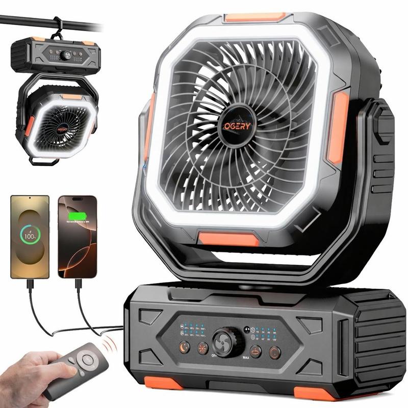[SummerWins]OGERY 2026 Upgraded Camping Fan, 30000mAh Rechargeable Fan with LED Lights & 270° Pivot, Remote Control Shaking Head Desk Fan for Tent Travel Home Multifunction Outdoor Activities summerwins