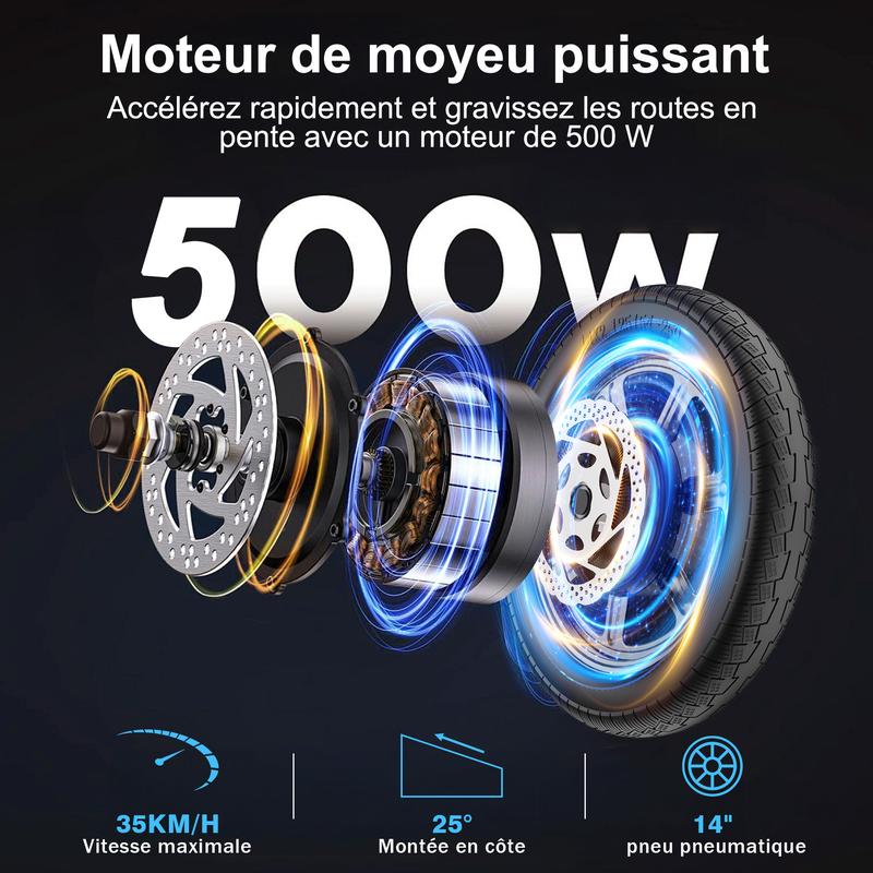 AOVOPRO 500W Monopattino elettrico, pneus de 14 pouces, vitesse maximale 25 km/h,autonomie 43/78 km, système de suspension hydraulique, guidon pliable avec panier.