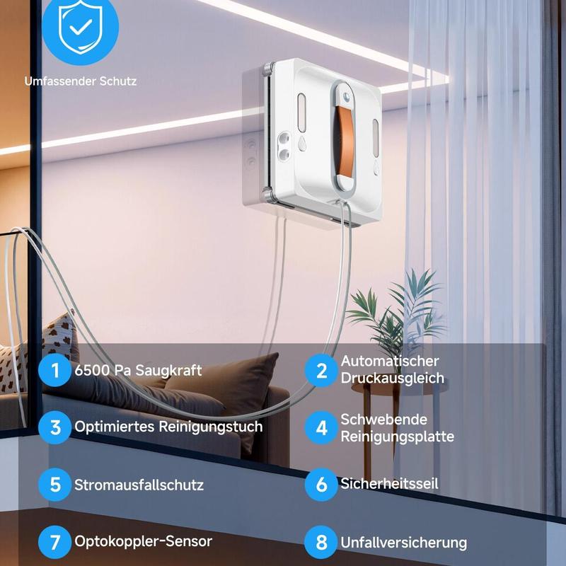 Lubluelu Automatischer Fenster- & Glasreinigungsroboter mit 4-Wasser-Sprühsystem, 8-lagiger Sicherheitschutz, stoßfeste Kantenerkennung & intelligente Streckenplanung für Hochhausfenster, Fliesen & Glas