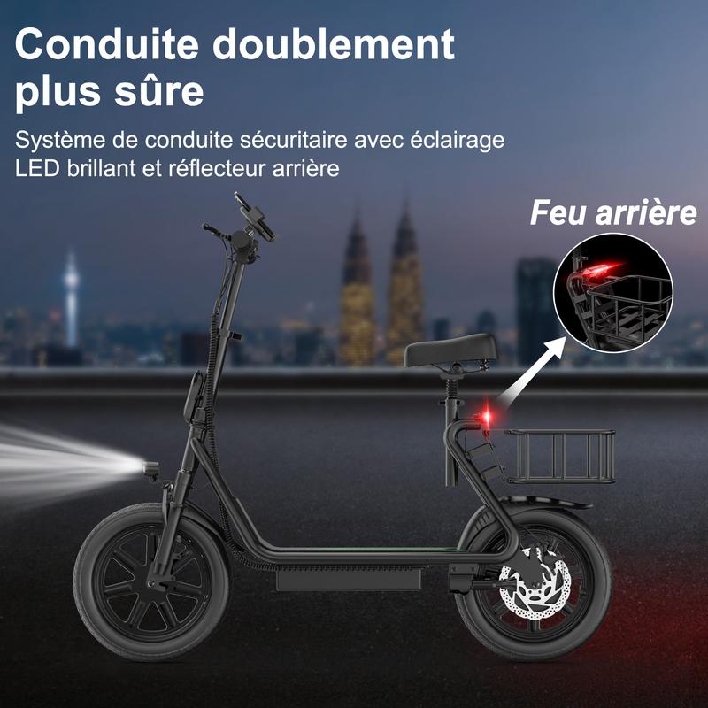 AOVOPRO 500W Monopattino elettrico, pneus de 14 pouces, vitesse maximale 25 km/h,autonomie 43/78 km, système de suspension hydraulique, guidon pliable avec panier.